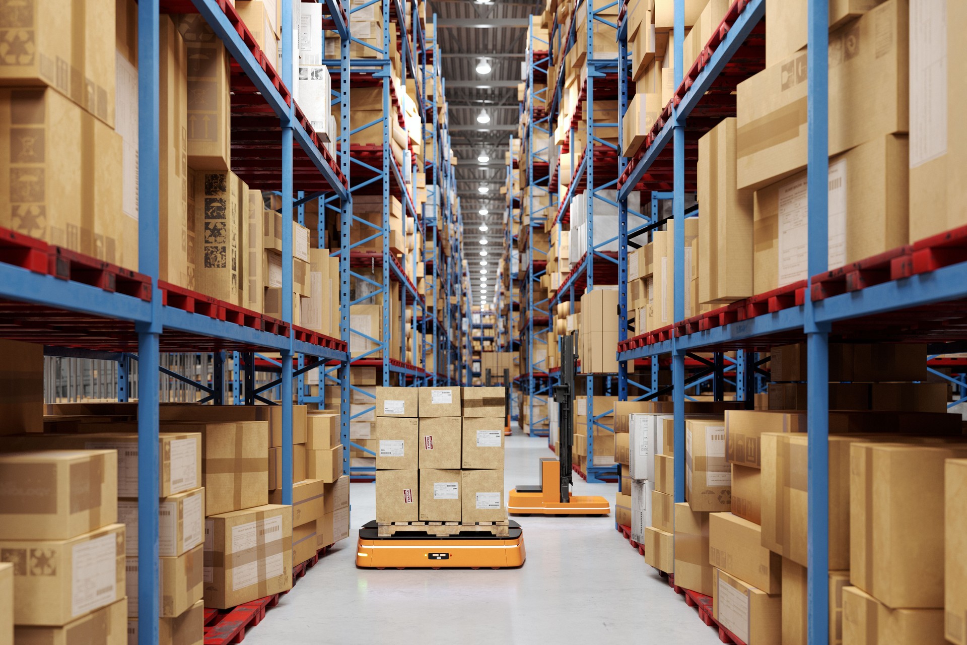 Automated Robot Carriers And Robotic Arm In Smart Distribution Warehouse